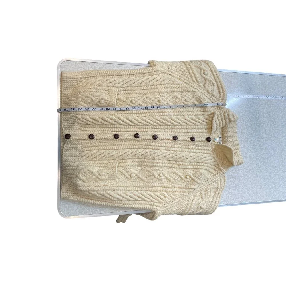 Cream Cable Knit Cardigan Sweater With Front Pockets & Button Closure By Jenners